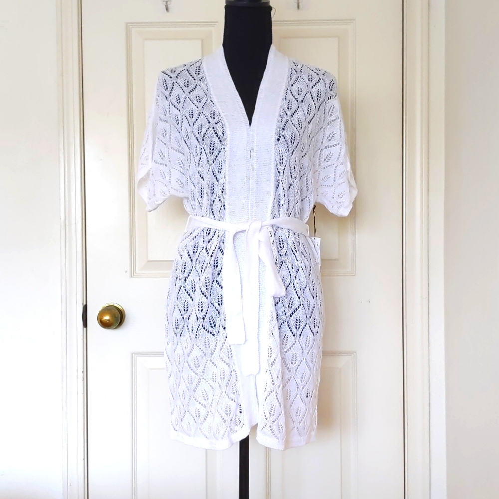 NWT. The Limited Linen and Cotton Short Sleeve Open Front Long Crochet Cardigan.